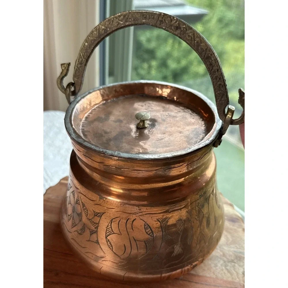 Antique Turkish Hand Hammered Copper Cauldron w/ Lid Etched Design Snake Handle